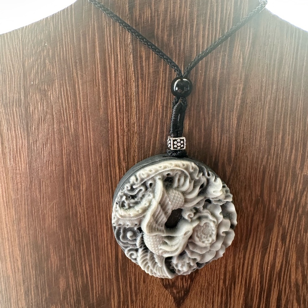Tai Chi Stone Phoenix an Dragon Pendant Necklace on Black Adjustable Rope - Picture 8 of 13